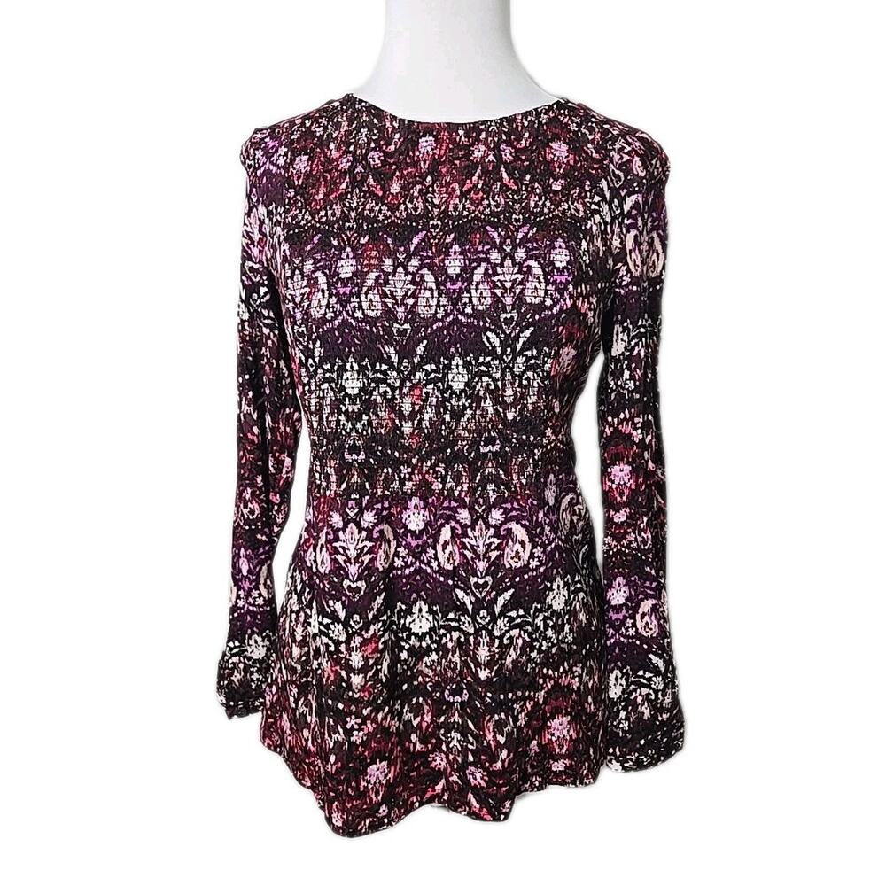 J JILL Multicolor Rayon Smocked Long Sleeve Blouse Size Small Petite